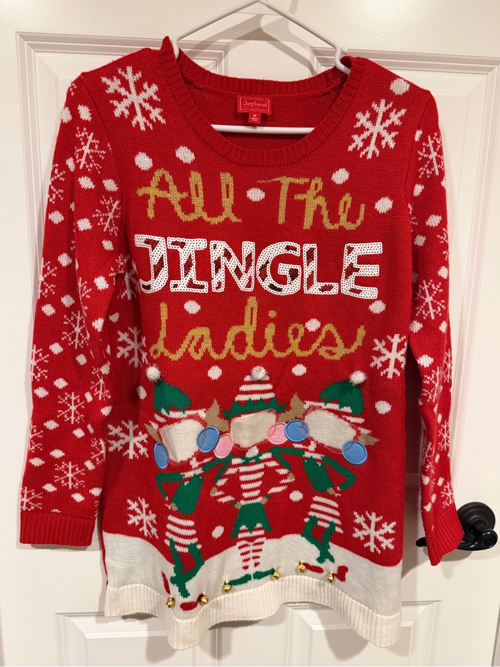 Joyland Women’s Size M Red ‘All The Jingle Ladies’ Sequin Crew Pullover Sweater